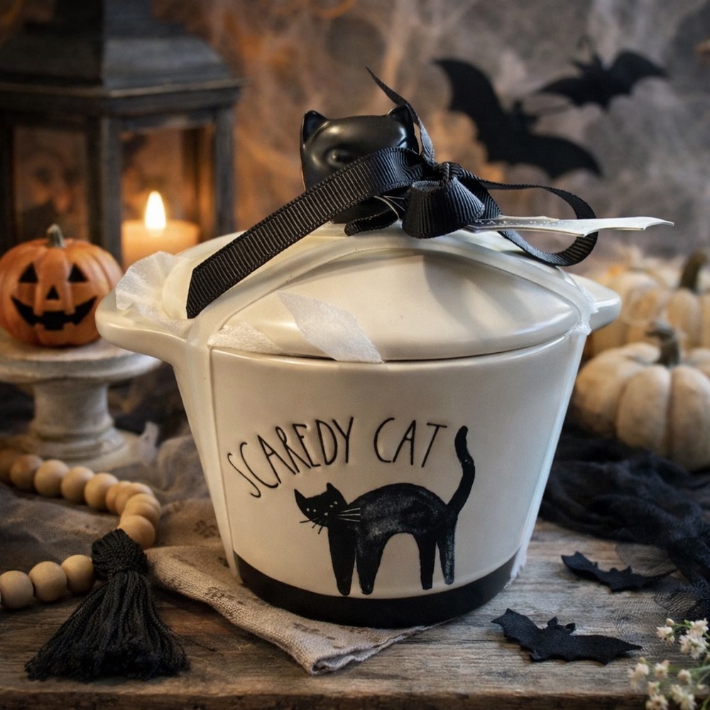 NWT Rae Dunn Scaredy Cat Halloween Ceramic Baking Dish w/ Cat Lid
